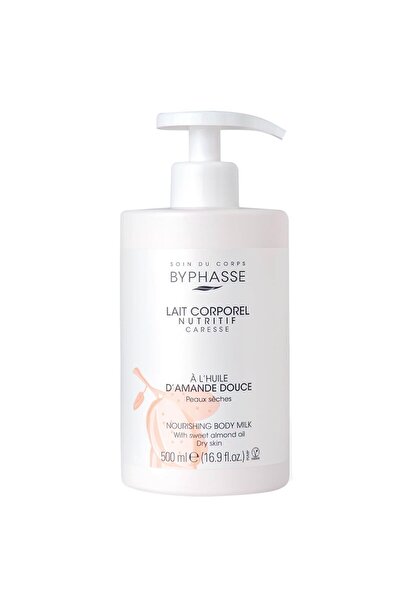 BYPHASSE Body Milk, Byphasse, with Sweet Almond Oil, Nourishes and Caffeinates Dry Skin, with Pump, 500ml