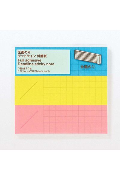 Muji Full Adhesive Deadline Sticky Note, Pink, Yellow, Blue 30 Sheets each
