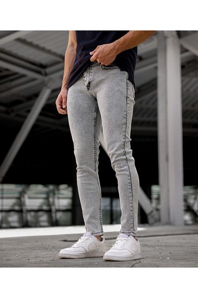 Newtime Ανδρικό ανοιχτό γκρι Snow Wash Slim Fit Slim Fit Lycra Stretchy Jean Denim Παντελόνι