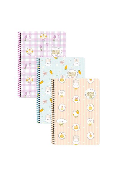 Keskin Colors Sharp Color Kawaii Striped Notebook Set with Stickers 3 Pieces |   16.5 X 22.5 cm |   Spiral – 80 Sheets