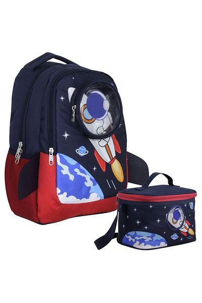 Cennec Set de geantă și nutriție dublă cu model astronaut 3D pentru băiat bleumarin roșu - SETUMT5042B