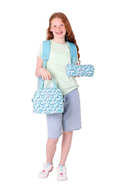 KAUKKO Soft Floral Üçlü Kız Çocuk Okul Çanta Seti - Turkuaz - Çiçek ve Çizgi Desenli