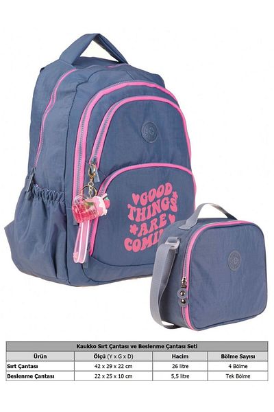 KAUKKO Crinkle School Bag and Thermos Lunch Box Set - Girl - Gray Pink