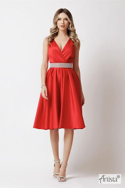 ASTRID FASHION STORE Serena midi satin dress with belt at waist and stones