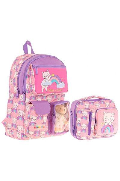 KAUKKO Peluş Kedili Pembe Mor Kız ÇocukLar İçin Okul Çantası ve Beslenme Çant...