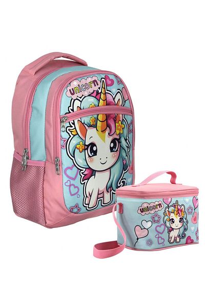 Cennec Baby Unicorn Patterned Girl's Pink Turquoise Double Bag and Nutrition Set - Setumt5048B