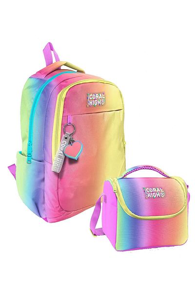Coral High Girls' Primary and Secondary School Backpack and Lunch Bag - Navy Blue Blue Line Pattern