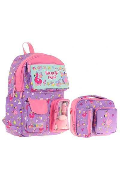 KAUKKO Set ghiozdan și cutie de prânz pentru fete cu flamingo de pluș violet roz (L5240+L7240)