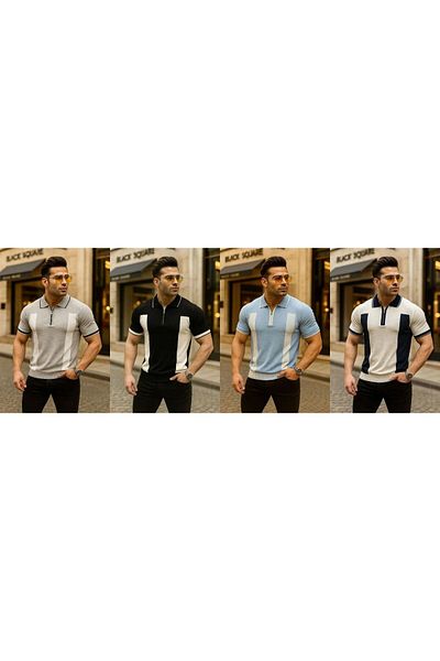 LC Waikiki Polo Neck Zippered Patterned Short Sleeve Men's Summer Knitwear Premium Quality T-Shirt 4-Piece