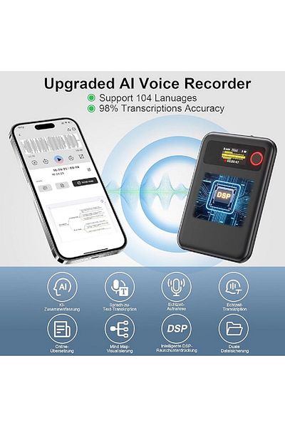 MUEZDUR Voice recorder with translator with GPT Chat, AI intelligence, 64 GB, 104 languages, supports summary, Bluetooth