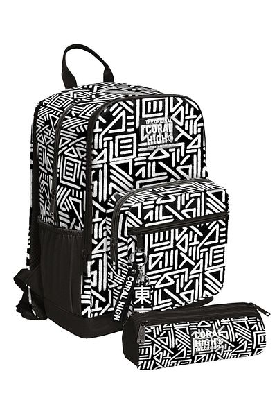 Coral High Set rucsac și suport stilou pentru băieți - forme geometrice alb-negru - școala primară