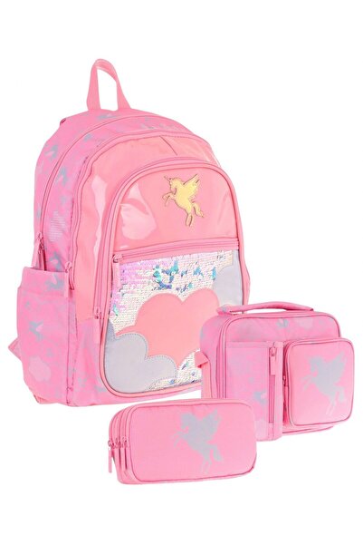 KAUKKO Girl - Pink Sequin Cloud - School Bag Set (Backpack + Lunch Box + Pen ...
