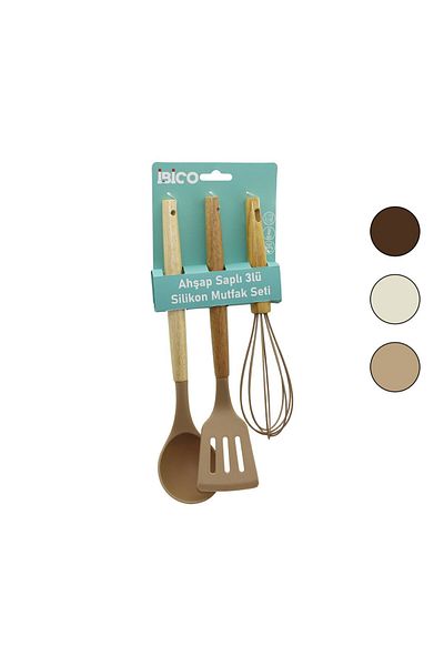 Mena Rise Sanserashop 3 Pcs Colorful Silicone Mouth Set Wood - Bamboo Handle Whisk - Spoon - Spatula 25