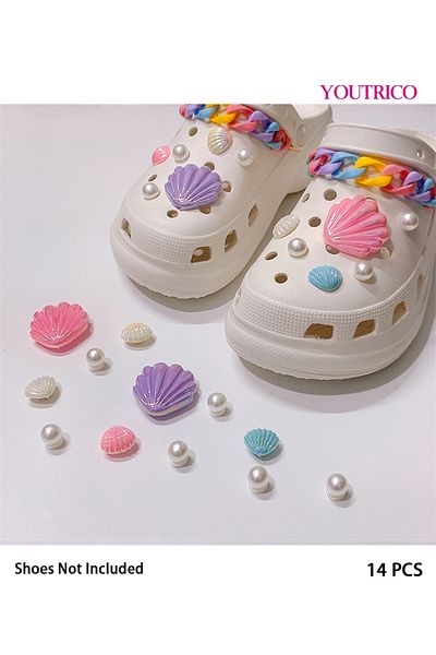 Youtrico 14pcs Shell and Pearl Jibbitz Charms with Detachable Colorful Chains for Slipper Ornament