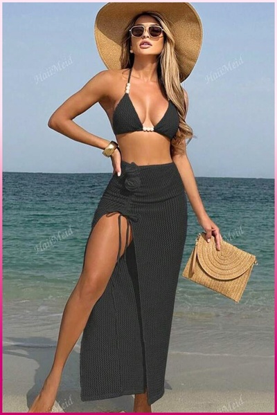 FAYK WEARHOUSE Kadın Siyah Askılı İnci Taş Detaylı Etekli Yırtamçlı Mayo Bikini Takımı Plaj, havuz, beach clup