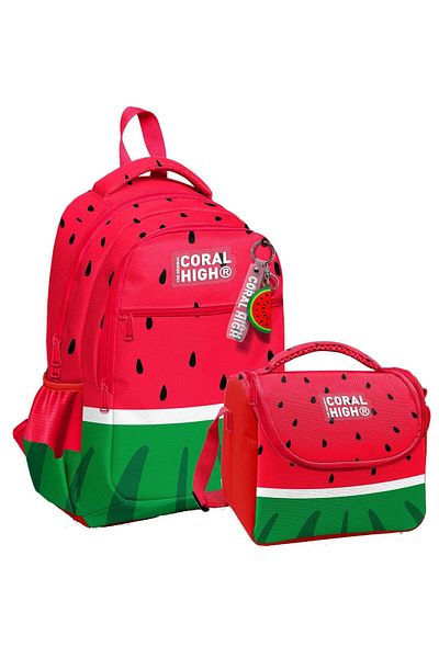 Coral High Coral Highthree-Eye Red Green Watermelon School Backpack for Boys and Thermal Lunch Bag