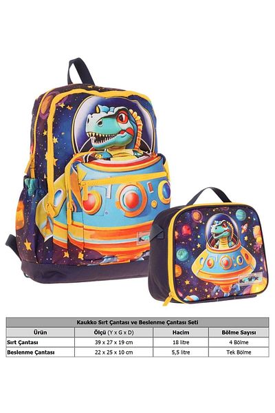 KAUKKO Set ghiozdan și cutie de prânz pentru băieți Astronaut Dinozaur - Albastru Galben (L5273+L7273)