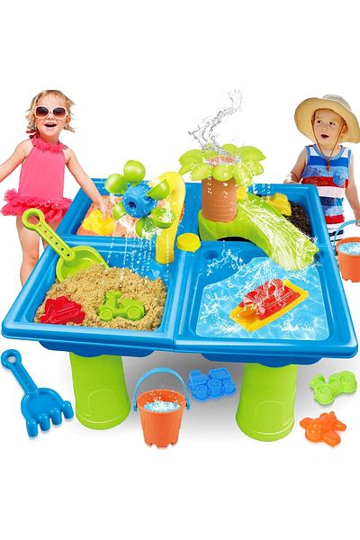Yelajoy 4 IN1 Sand and Water Table Beach Play Activity Table for Toddlers,Hands-On Learning Toy,24 Pcs