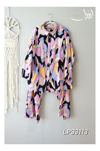 LINELLE Printed Co-Ord Set - Pink & Black Printed Shirt and Pant in Cotton-Polyester Blend.