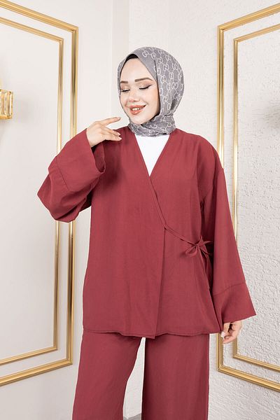 Tesettür Dünyası Side Tie Kimono Suit Tsd250200 Claret Red