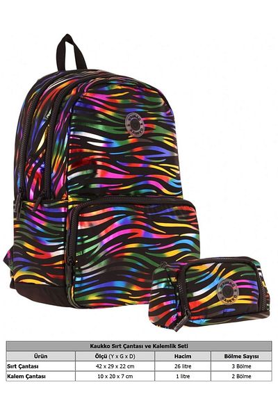 KAUKKO Shine Girl Zebra Black Multicolor Set rucsac și suport pentru creion pentru școala primară și gimnazială