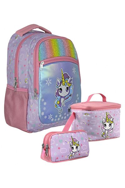 Cennec Setumt5015A Triple Primary School Bag Set (Turquoise Pink - Rainbow Unicorn - Girl - Glitter Fabric)