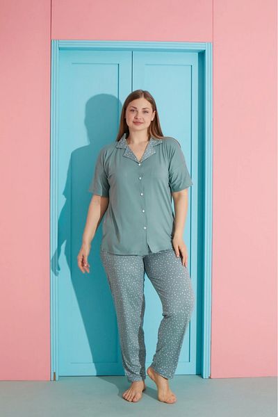 Pijamoni Plus Size Green Milan Fabric Button Front Women's Pajama Set – 7560