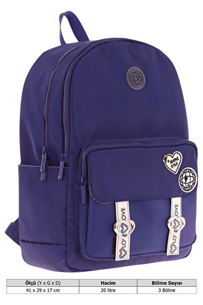 KAUKKO Parlak Love Şeritli Kalp Aksesuarlı Okul ve Günlük Sırt Çantası - Kız/Kadın - Lacivert-K1843