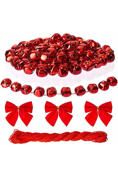 Naler Set of 120 Christmas bells with 12 bows and a roll of Naler cotton, red, plastic/textile