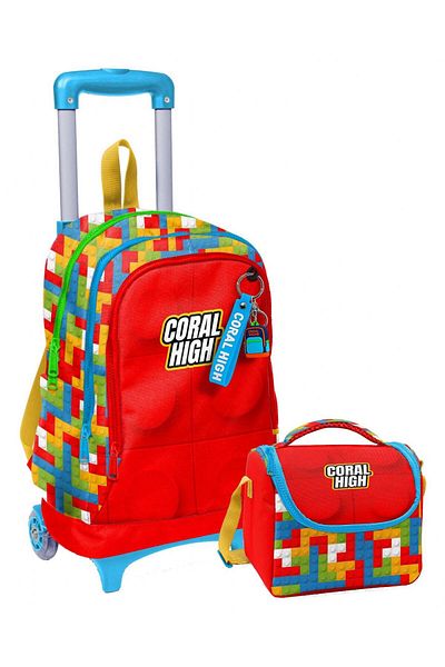 Coral High Illuminated Rickshaw School Bag + Thermal Insulated Lunch Bag - Men - Red Building Blocks