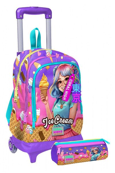 Coral High Lighted Girl, Lilac Turquoise Ice Cream Girl Printed, Primary School Rickshaw Bag and Pen Holder Set