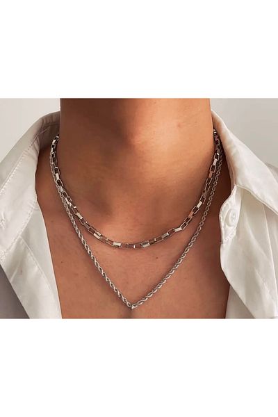 derokas Set of 2 Steel Necklaces Auger and Square Cube Model Tarnish-Free