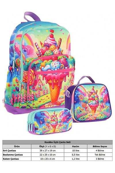 KAUKKO Four Compartment School Bag + Nutrition + Pen Holder Set (Ice Cream - Girl - Red Blue)