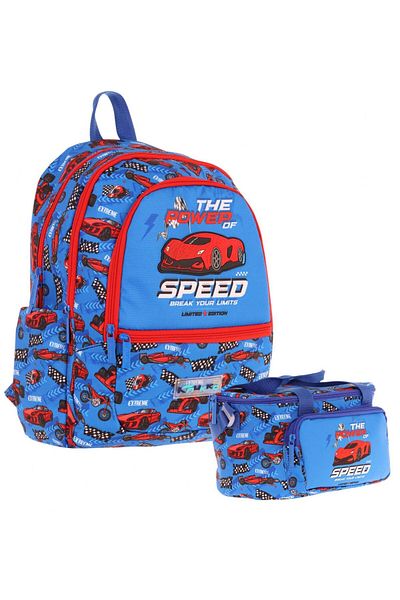 KAUKKO Set ghiozdan și cutie de prânz termoizolantă pentru băieți Racing Car - Albastru Roșu