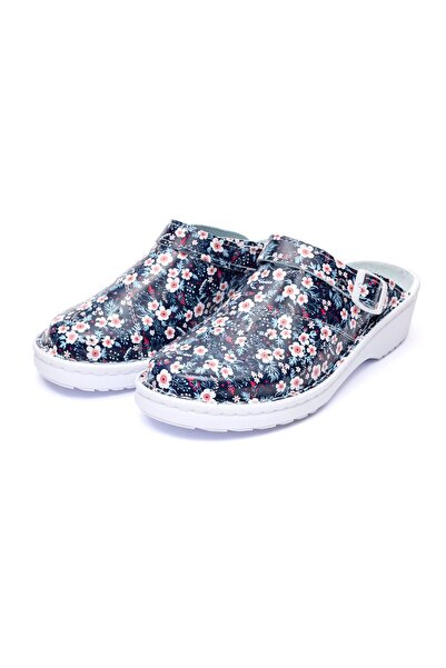 Medibut Women's leather medical clogs 09L, Black with flowers