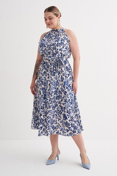 MYLİNE Halter Neck Belted Patterned Long Dress