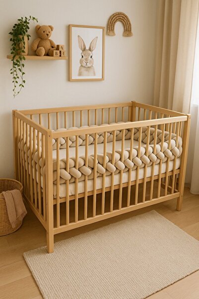 Jaju Baby Bej Renk 4 Örgü Koruma Özel Tasarım Beşik ve Montessori Kenar Korum...