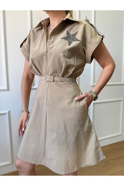 Size Özgü Beige Front Star Stone Dress