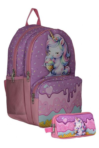Cennec Set rucsac și suport pentru stilou UMT5003+UMT5005 (roz violet - unicorn care mănâncă înghețată - fată)