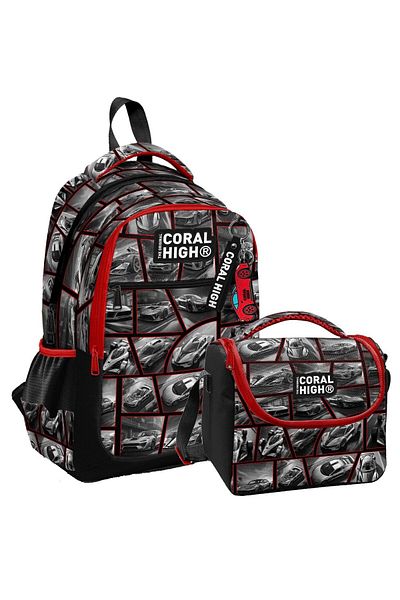Coral High Coral Highthree-Eye Black Red Car School Backpack for Boys and Thermal Lunch Bag