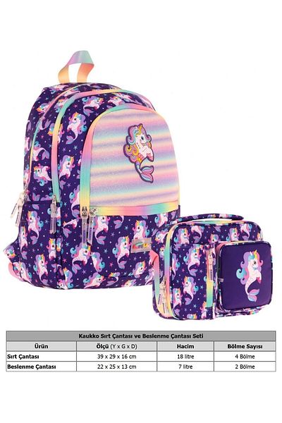 KAUKKO Set ghiozdan și cutie de prânz termoizolantă pentru fete (L5228+L7228) Unicorn din cauciuc - violet