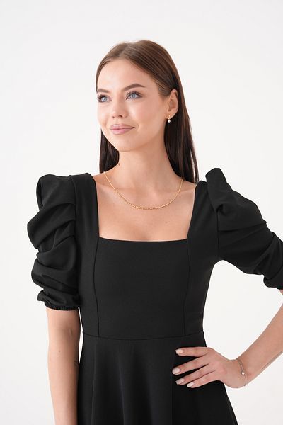 vuvutasarım New Season Stretchy Crepe Fabric Short Sleeve Square Neck Midi Length Flared Cut Black Dress 080