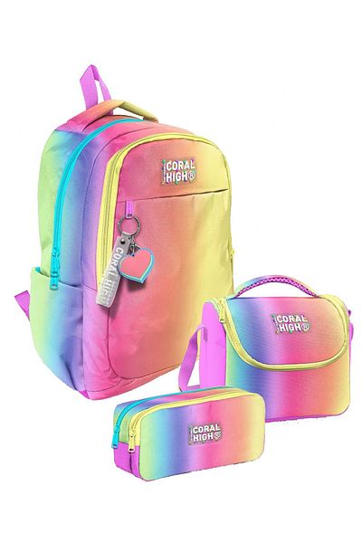 Coral High Set de genți de școală triplă pentru fete cu trei compartimente, linie albastru bleumarin, școală primară și gimnazială