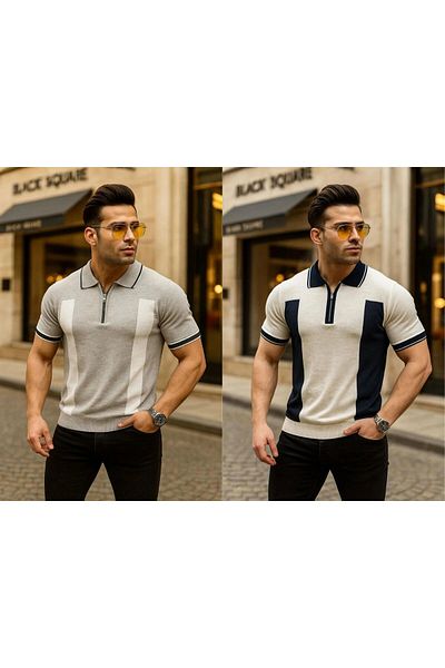 LC Waikiki Polo Neck Zippered Patterned Short Sleeve Men's Summer Knitwear Premium Quality T-Shirt 2-Piece