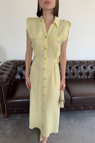 solena sln Women's Waist Buckle Detail Front Buttoned Linen Shirt Midi Length Summer Dress