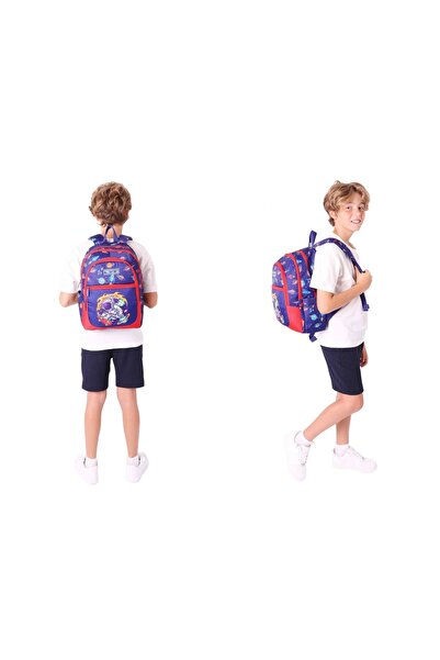 KAUKKO Bag Men's Astronaut Printed School Bag and Pencil Case Set - Navy Blue Red