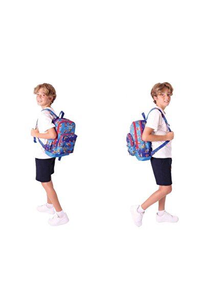 KAUKKO Üçlü İlkokul 1.2.3.4. Sınıf Okul Çanta Seti - Mavi Kırmızı - Erkek Çocuk - Silikon Aksesuarlı