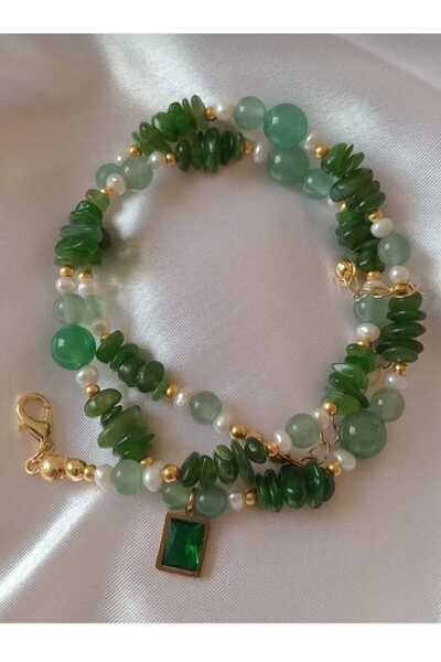 Alsade قلادة من حجر أفينتورين واليشم الطبيعي بتفاصيل لؤلؤية