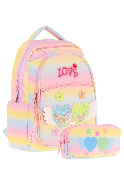 KAUKKO Glitter Heart and Flower Detailed Girls School Bag and Three-Eye Penci...