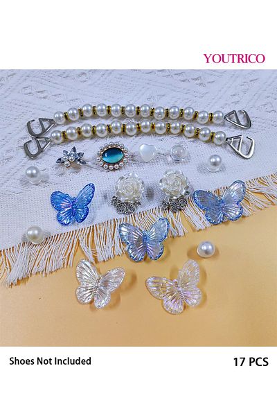 Youtrico 17pcs Ombre Blue & White Butterfly Jibbitz Charms for Slipper Ornament